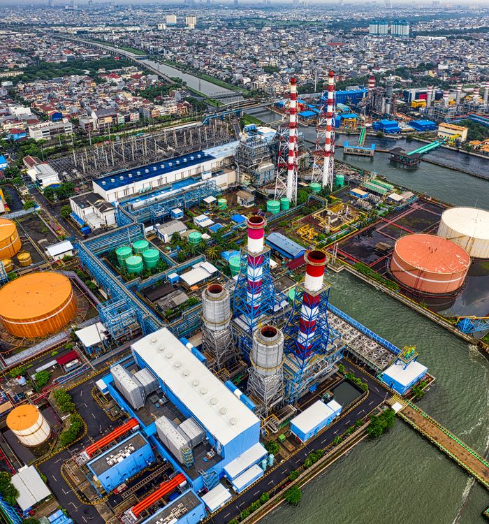 Aerial view of a bustling industrial area in Jakarta, Indonesia.